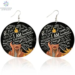 SOMESOOR I AM Leo Queen Stylish Wooden Drop Earrings Soulful Courageous Melanin Sayings Printed Dangle Jewelry For Women Gifts