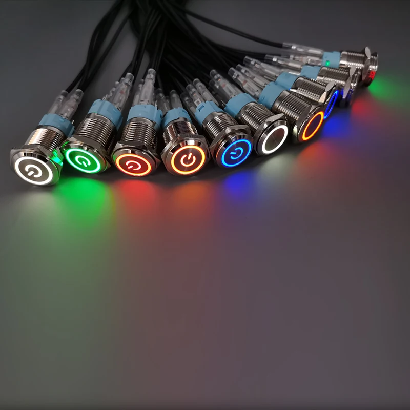 16mm Metal Push Button Switch Ring Lamp Power Symbol Buttons Waterproof Flat Head LED Light Self-lock Self-reset 1NO1NC