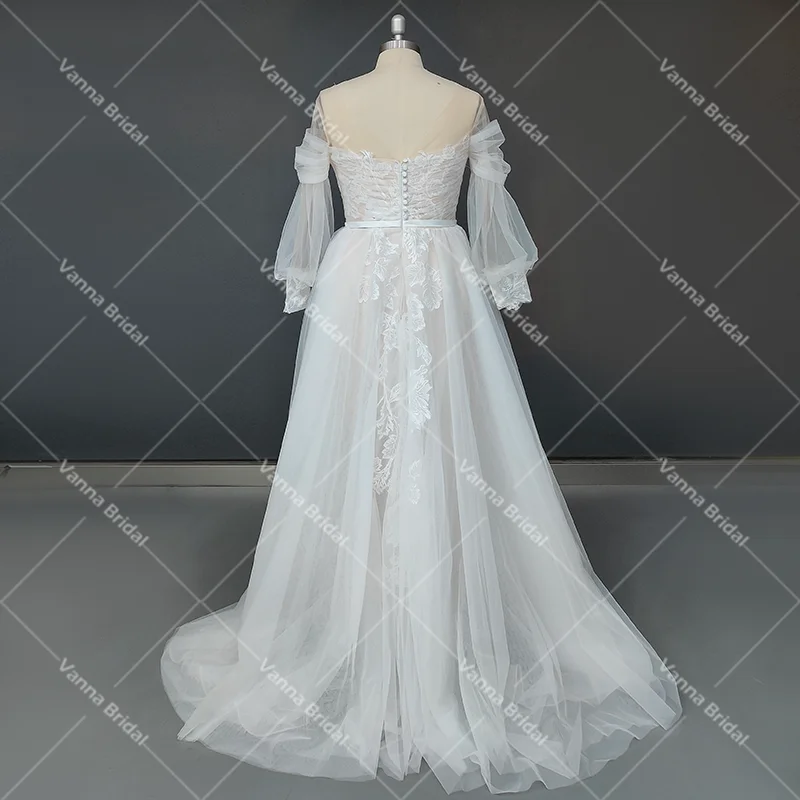 Robe de Mariée en Tulle Plissée avec Appliques Florales, Style Boho, Plage, Manches Bishop, Grande Taille, pour Patients, Séance Photo