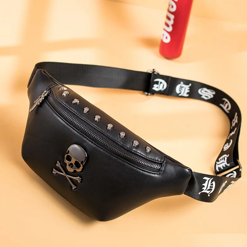 Fajna Unisex talia torba Pu skórzana torba na klatkę piersiowa czaszka piterek kobiety czarna saszetka biodrowa damska Punk saszetka na pasek wysokiej jakości nerka