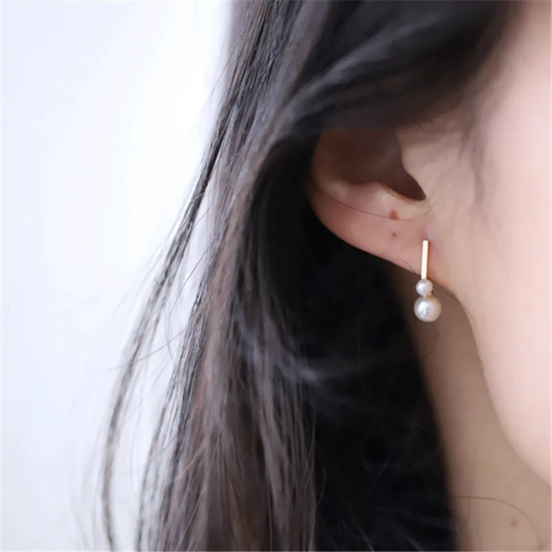 925 Sterling Silver Plating 14K Gold Two Pearl Earrings for Women Romantic Wedding Jewelry Accessories