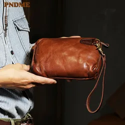 PNDME-Bolso de mano de cuero genuino natural para hombre, Cartera de mano de cuero de vaca genuino natural de alta calidad, informal, de negocios, simple, vintage, Cartera de teléfono para adolescentes