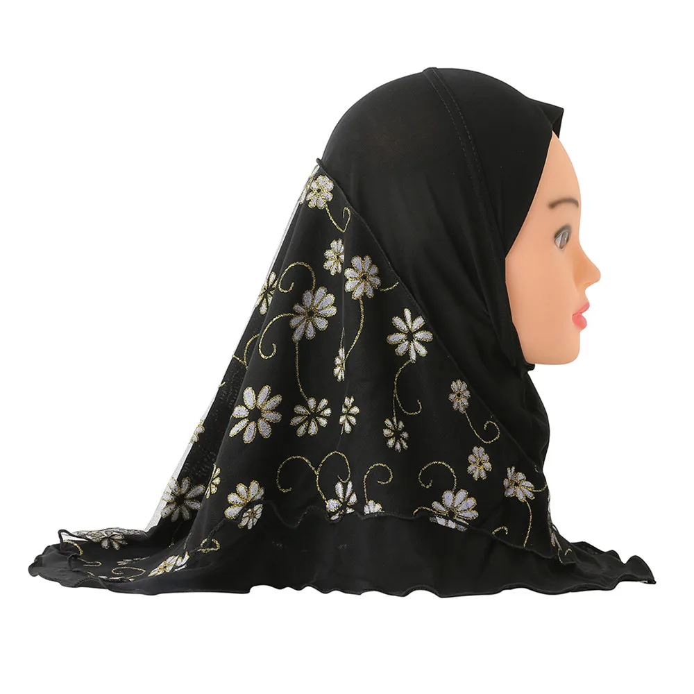 Beautiful Small Girl Amira Hijab with Mesh Flowers Fit 2-6 Years Old Kids Pull On Islamic Scarf Head Wrap Headscarf Headbands