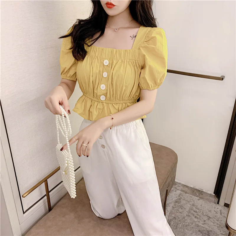 Women Summer Casual Square Neck Crop Top Short Puff Sleeve Shirt Tops Button Ruffles Yellow White Korean Fashion Clothing Blouse