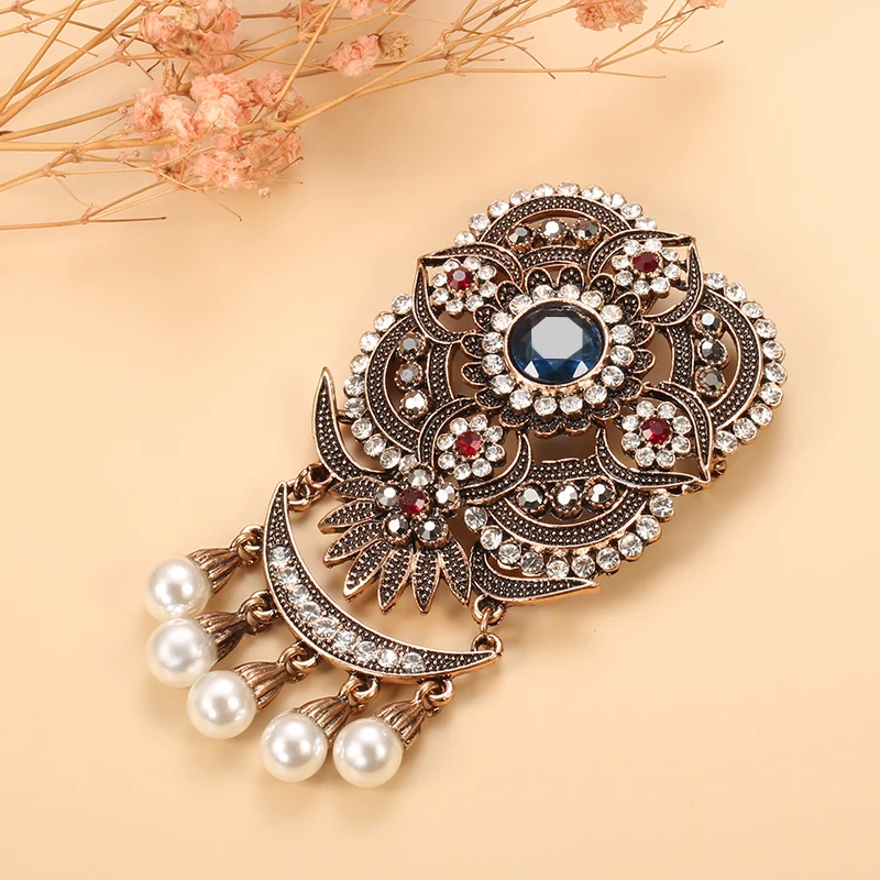 Kinel Ethnic Wedding Flower Bead Brooch Pin Old Gold Color Vintage Indian Jewlery Imitation Pearl Broches Brooches Bridal Gift