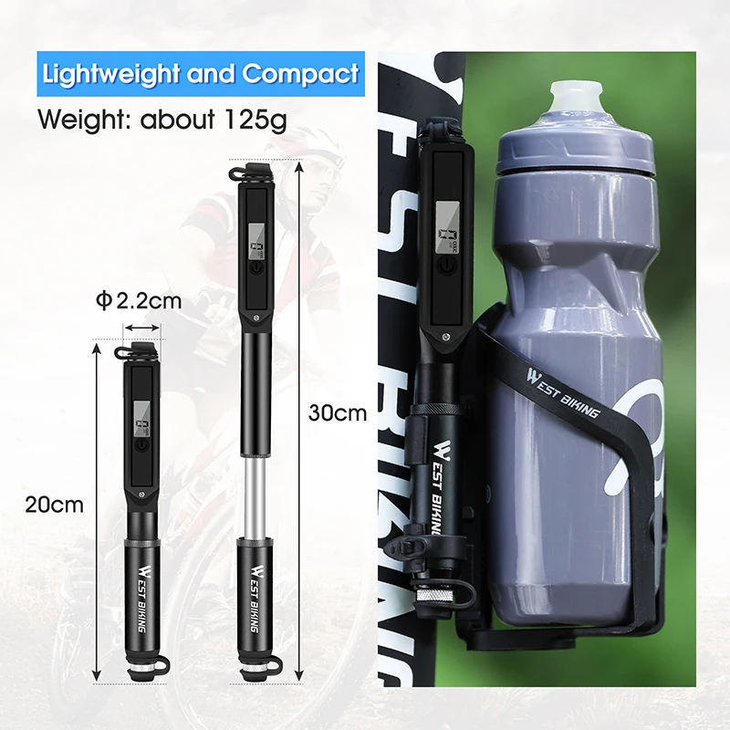 WEST BIKING Portable Bike Pump High Pressure Digital Gauge Hose MTB Road Bicycle Pump Schrader Presta Valve Cycling Hand Pump