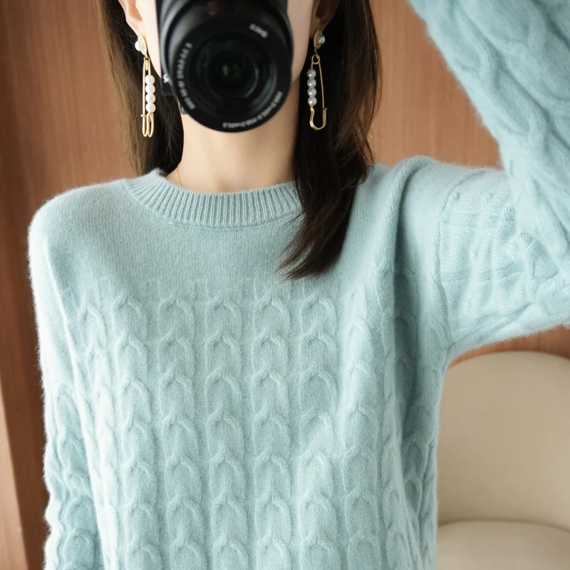 100% Pure Wool Cashmere Sweater Autumn/Winter 2021 Women\'s O-Neck Pullover Twist Casual Knitted Top Long-Sleeved Females Jacket