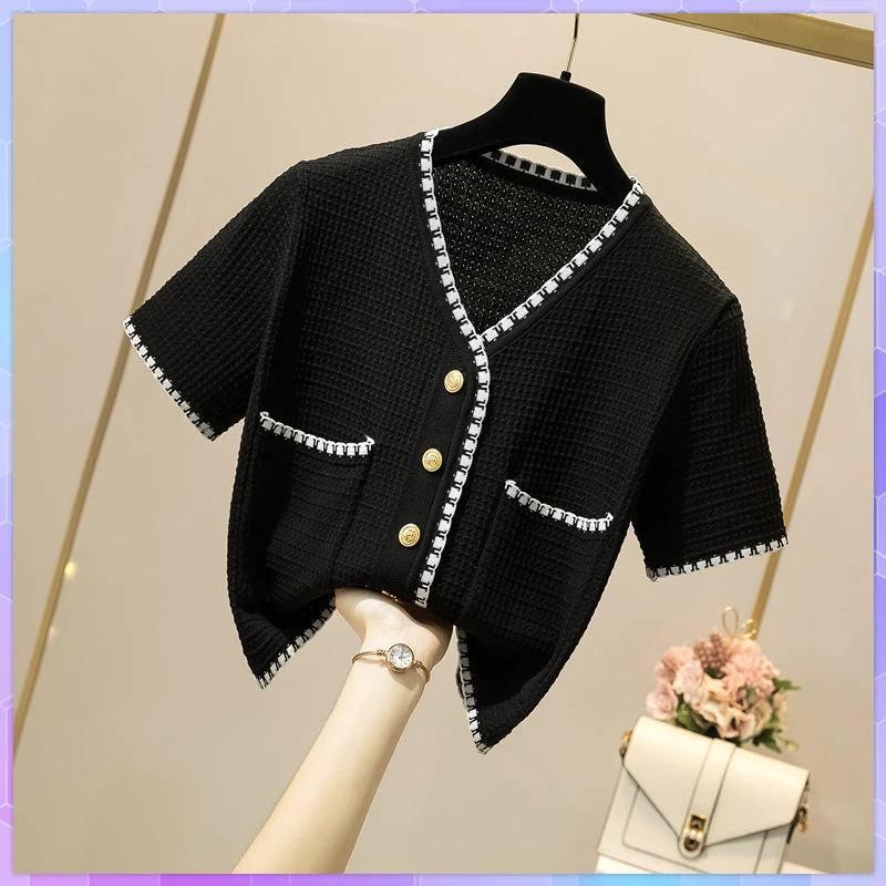 Korean Knitted Cardigan Women V-Neck Thin Crop Top Fashion Short-Sleeved Short Coat Loose Crop Tops Summer Tee Shirt Ropa Mujer