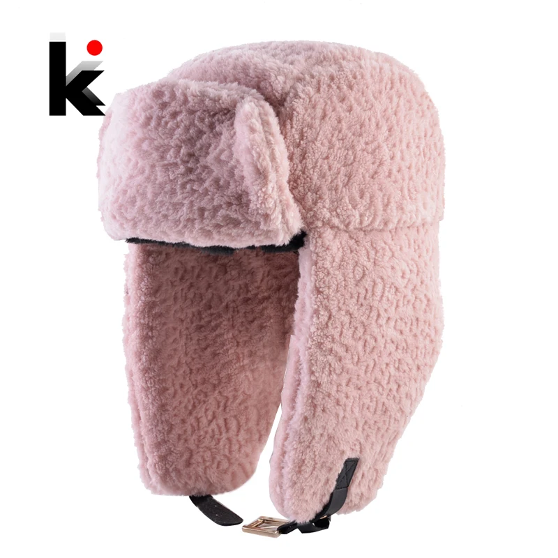 Winter Bomber Hat For Women Warm Faux Fur Earflap Beanies Solid Color Pink Trapper Hat Girls Russian Outdoor Snow Ski Hats Wool