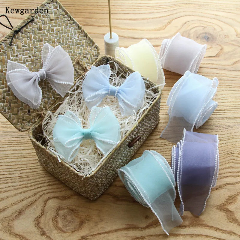 Kewgarden Wholesale Bead edge Organza Ribbons 6cm 60mm DIY Hair Bowknot Accessories Handmade Tape Packing Webbing 25 Meters