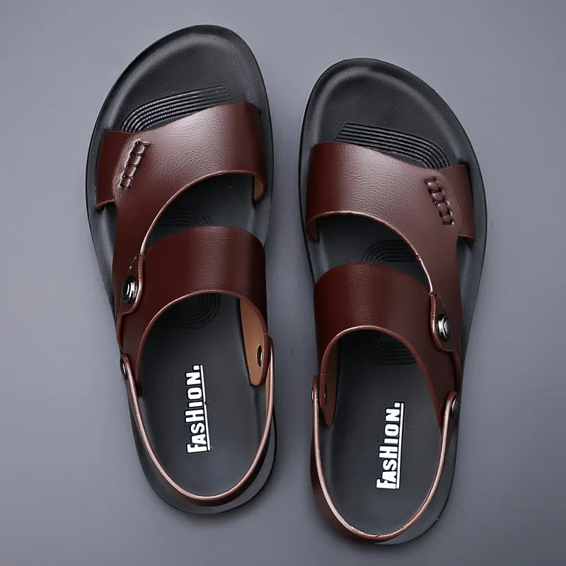 Yomior Summer New Fashion Men Shoes Vintage Real Leather Non-slip Beach Slip-On Sandals Travel Flip Flop Slippers Black Brown