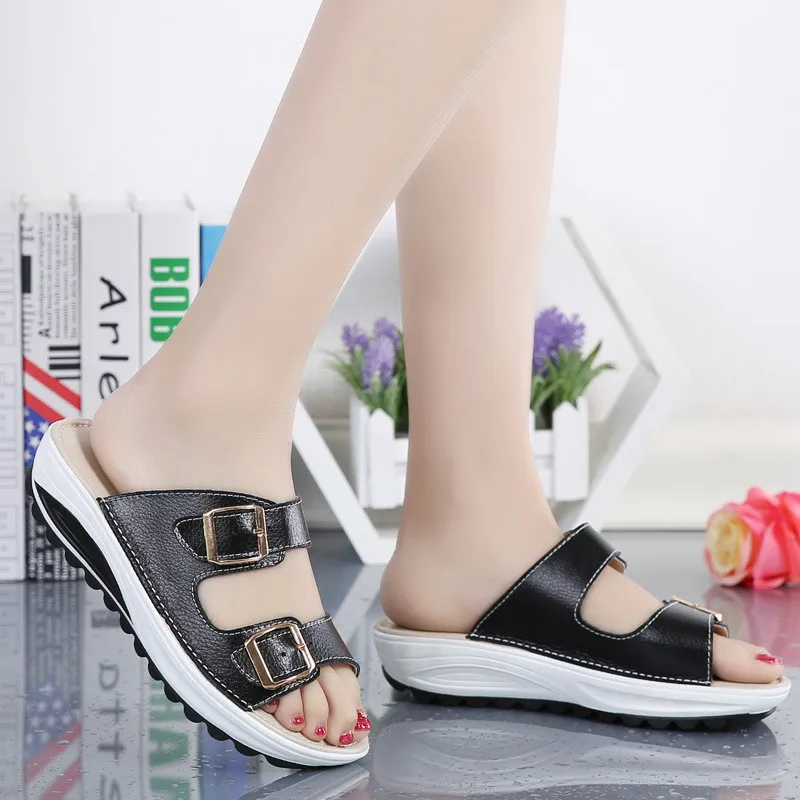 Genuine Leather Womens Sandals Summer Beach Shoes Women Slipper Plus Size Buckle Slide Sandals Comfort Thick Sole Slippers Wedge