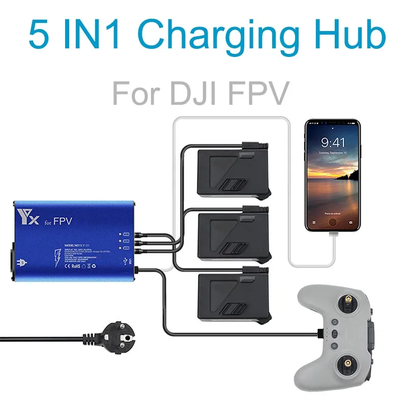 5 in 1 Battery Charger Hub for DJI FPV Drone Remote Controller SmartPhone Charging Hub Intelligent Rapid Charger