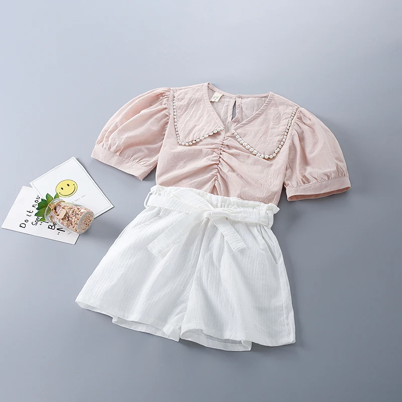 

2-7 Years High Quality Spring Girl Clothing Set 2021 New Fashion White Solid Shirt +Short Pant Kid Children Girls Clothes