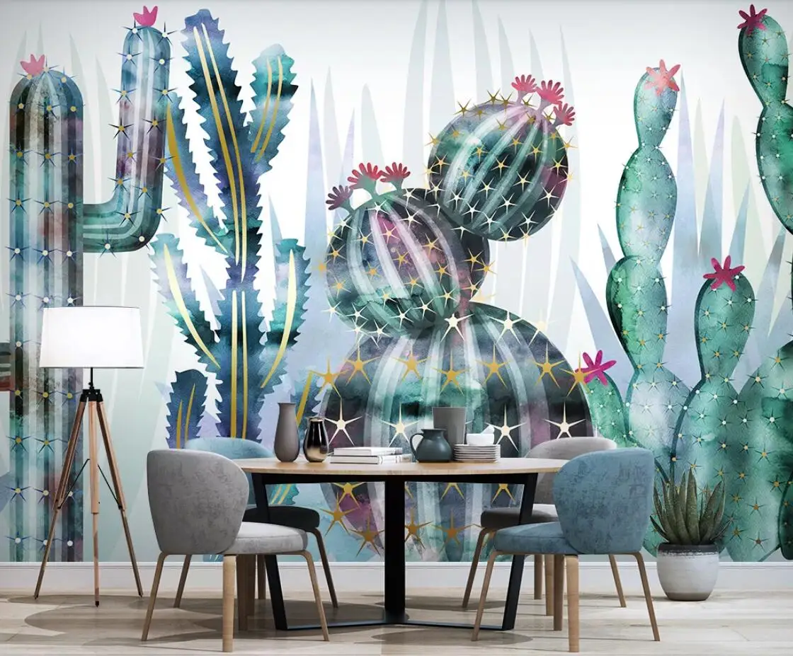 Hand Painted Cactus Flower Wallpaper 3d Wall Paper Bedroom Contact Paper Cacti Floral Wallpaper Blue PHOTO WALLPAPERS Wall Mural