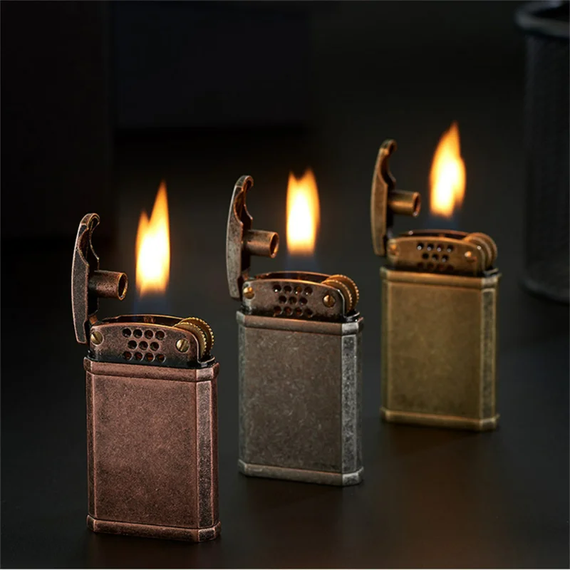 Classic Retro Copper Shell Kerosene Lighter Copper Flower Texture Metal Grinding Wheel Lighter Men\'s Smoking Gift