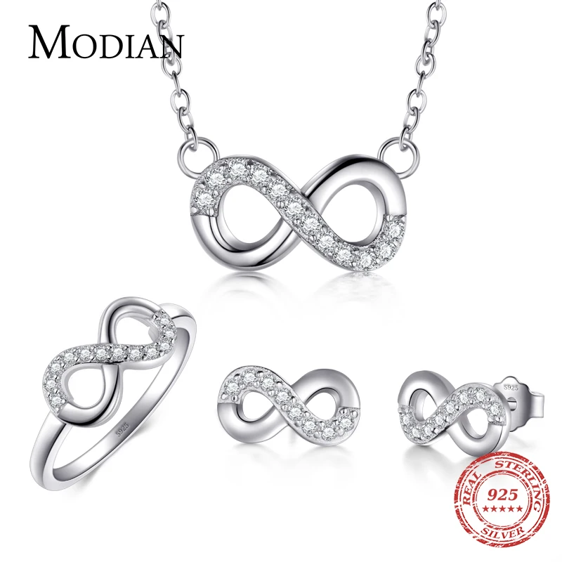 

Modian 2021 Sale Solid 925 Sterling Silver Jewelry Set Clear CZ Infinite Love Ring Classic Stud Earrings Fashion Necklace Chain