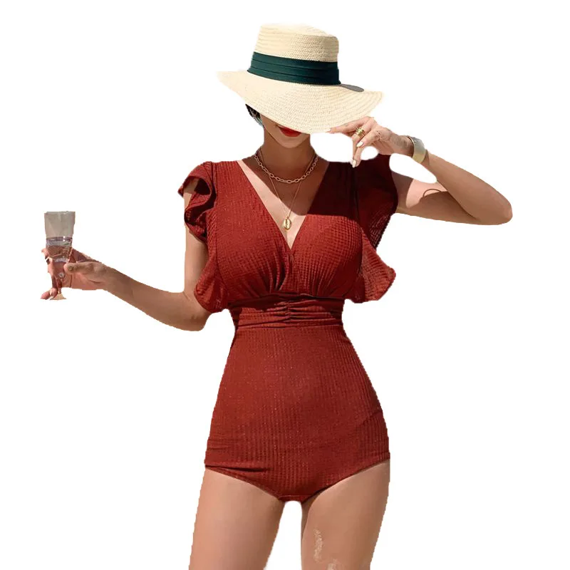 2021 Korean Style One Piece Swimwear Solid Swimwear Ruffle Swimsuit Bathing Suit Sexy V Neck Slim Monokini Beachwear