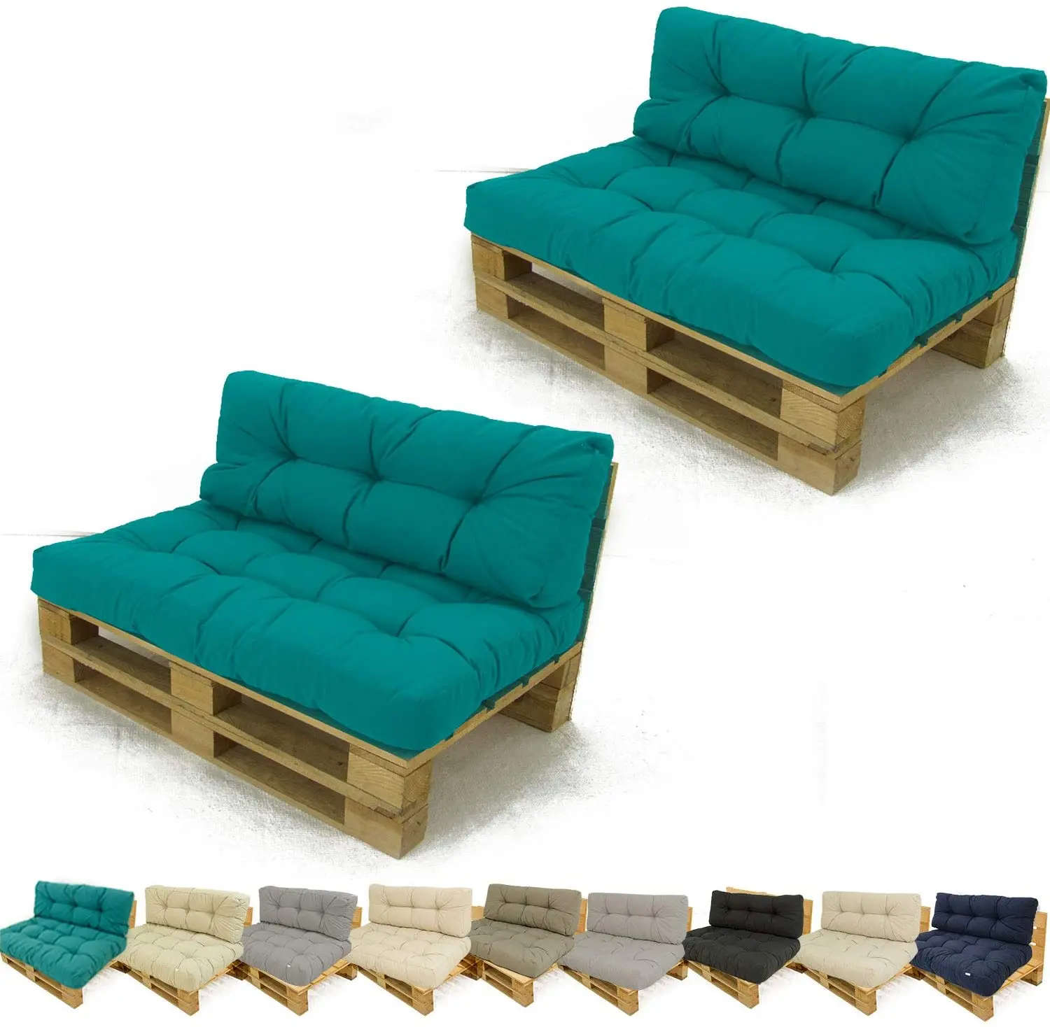 2 Pack pallet sofas + seat cushion + turquoise backrest cushion, outdoor sofa and armchair, outdoor armchairs, garden sofas, garden furniture, outdoor furniture