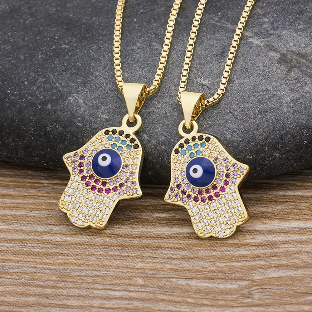 AIBEF Boho Hamsa Hand Rainbow Evil Eye Charm Necklace Men Women Fashion CZ Turkish Lucky Choker Chain Female Couple Jewelry Gift