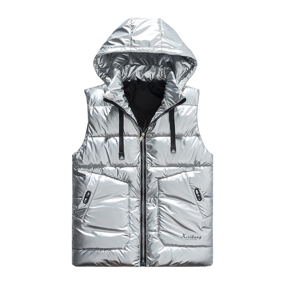 Fashion Silver Shiny Windproof Men Jacket Sleeveless Vests Casual Hat Detachable Winter Coats Thicken Unloading Male Waistcoat