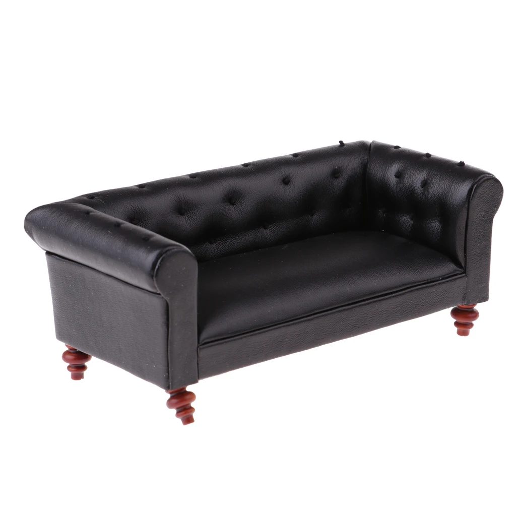 1/12 Quy Mô Nhà Búp Bê Đồ Nội Thất Da Vintage Dài Sofa Giường Mô Hình Thu Nhỏ Ngồi Phụ Kiện Trang Trí Đen