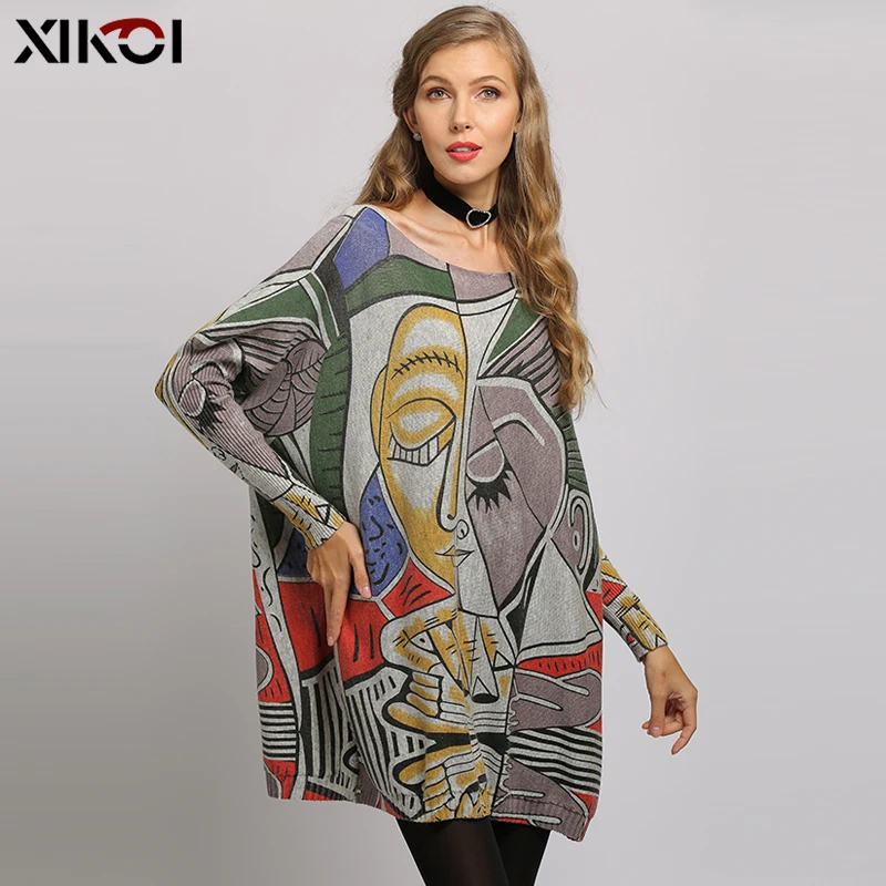 XIKOI Wool Oversized Sweater For Women Winter Warm Long Pullover Dresses Fashion Print Jumper Casual Knitted Sweaters Pull Femme