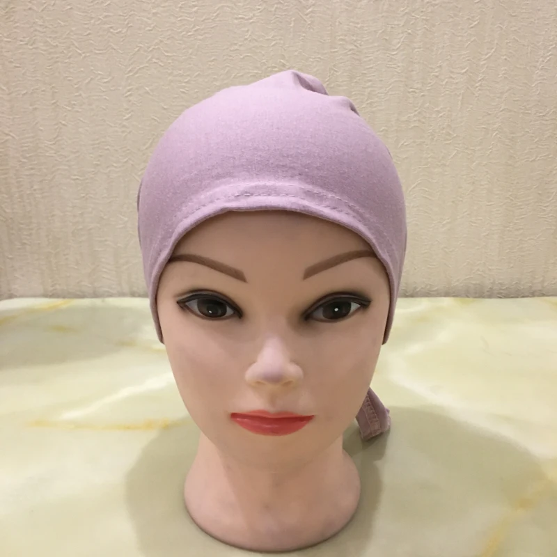 H048 Plain Cotton Tie Back Hats Muslim Turban Pure Color Stretch Inner Hijabs Underscarf Women Head Scarf Under Hijab Bonnet