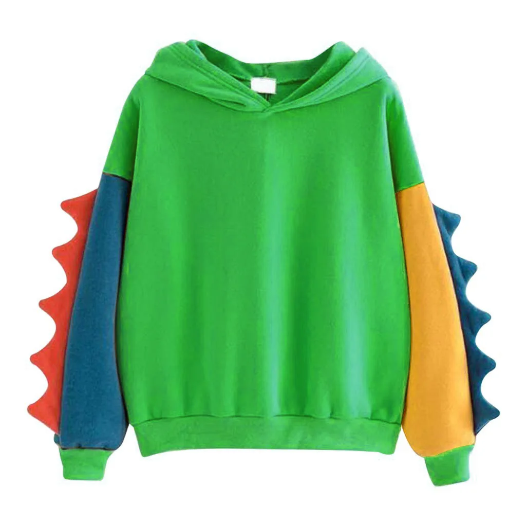 Women Hoodies New Cute Cartoon Patchwork Harajuku Sweatshirt Female Hooded Pullover Dinosaur Outerwear Yellow Green Orange Blue