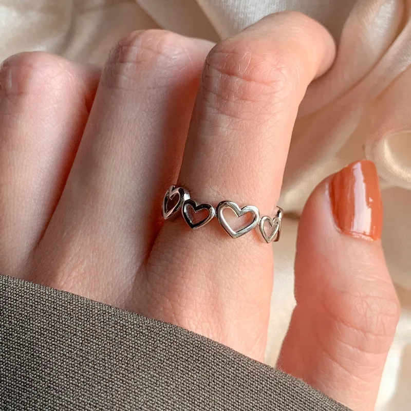 QMCOCO Open Adjustable Silver Color Rings For Women Trendy Elegant Vintage Couples Simple Hollow Out Heart-Shape Party Jewelry