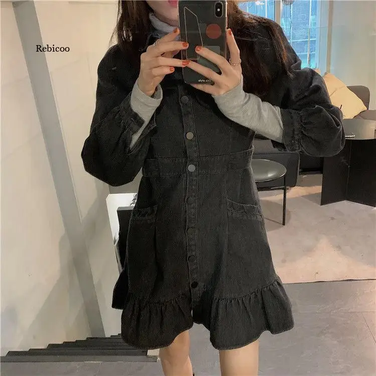 Spring Korean Version Retro Design Denim Shirt Dress Women  Dresses Turn Down Collar Short Sleeve Dress With Pockets