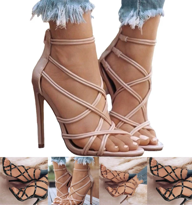 Ladies High Heels Sexy Sandals Fashion New Women\'s Shoes Black Zipper High Heel Sandals Hollow Cross Strap High Heel Sandals 42