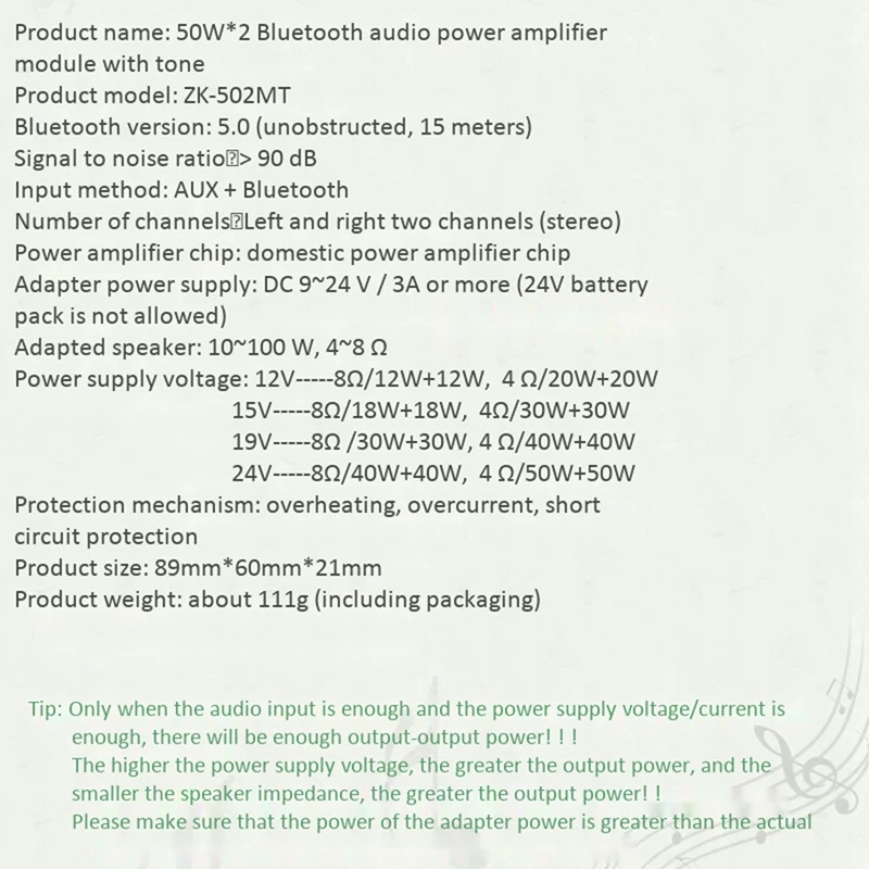 ZK-502MT Bluetooth 5.0 Subwoofer Amplifier Board 2.0 Channel High Power Audio Stereo Amplifier Board 2X50W Bass AMP