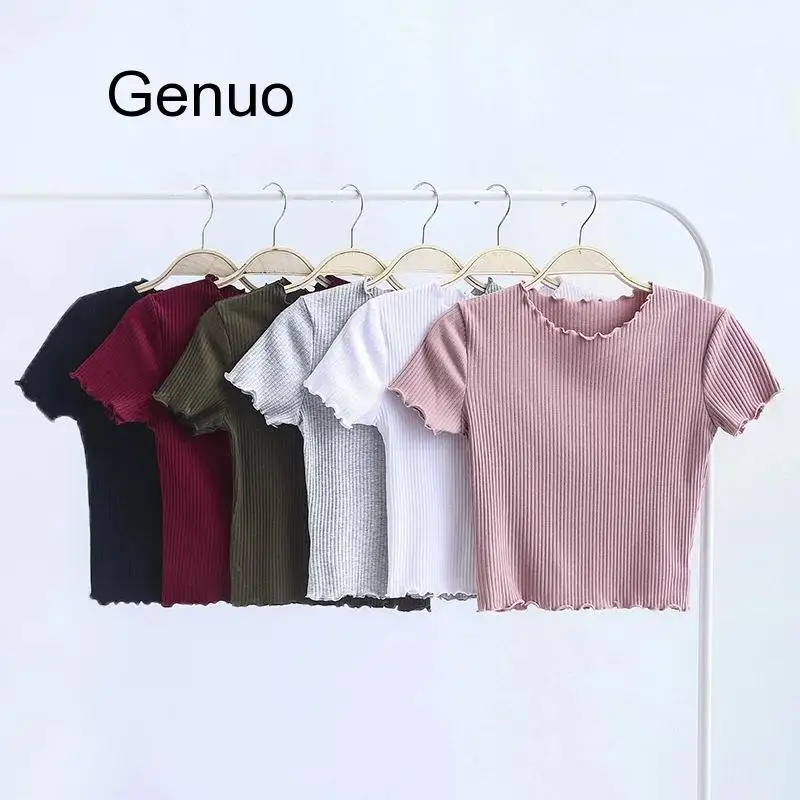 

Vintage Wood Ears O Neck Short Sleeve T-shirt New Woman Slim Fit T Shirt Tight Tee Summer Retro Tops 6 Colors