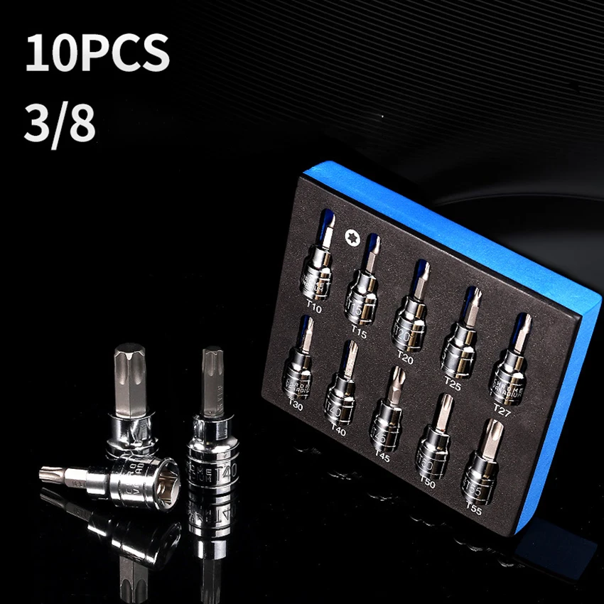 Set di 10 punte per manicotto di trasmissione da 3/8 pollici Set di manicotti per utensili a manicotto in lotti di pressione in acciaio al cromo vanadio T10-T55 chiave a bussola per trapano