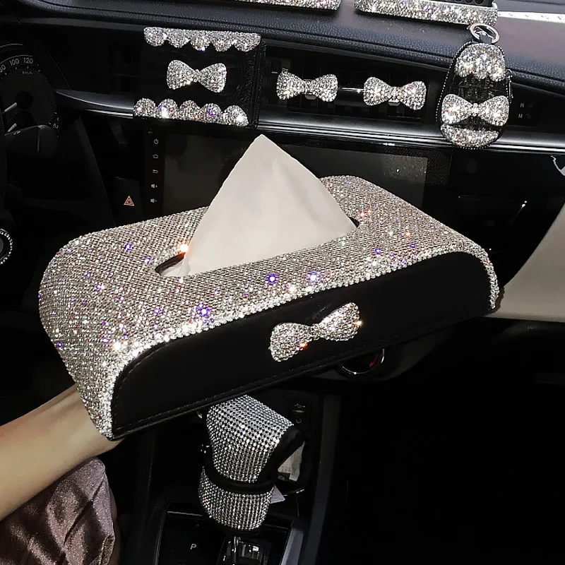 Creative Bowknot Rhinestone Car Tissue Paper Holder Crystal Auto Interior Decoration Key Bag Bling Car Accessories