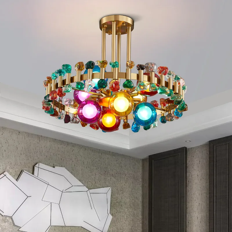 

Newly Arrived Crystals Modern Chandelier for Living Room Home Decoration Gold Round Kitchen Fixture Colorful Stone Hanging Lamp