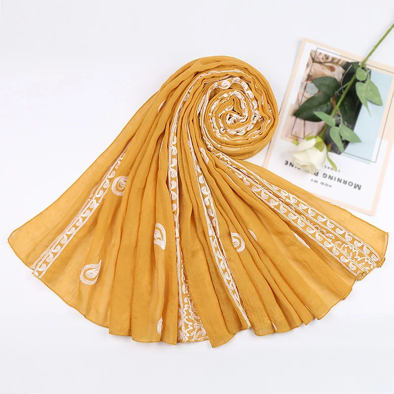 11 Colors Plain Embroider Cashew Nut Floral Viscose Shawl Scarf Women High Quality Pashmina Stole Bufandas Muslim Hijab 180*90Cm