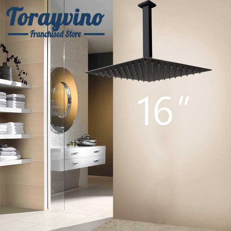 

bathroom 16” square shower head with tube set Ceiling Mount matte black grifo ducha shower head rainfall spray brass mixer tap