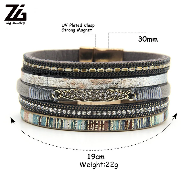 ZG Fashion Women Leather Bracelet Rhinestone Bar Charm Bohemian Leather Female Bracelets in 7 Colors