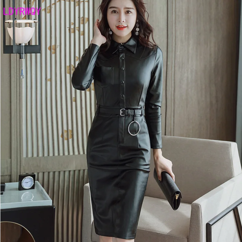 2021 autumn new Korean women\'s fashion temperament lapel single-breasted Slim PU leather long-sleeved dress Sashes