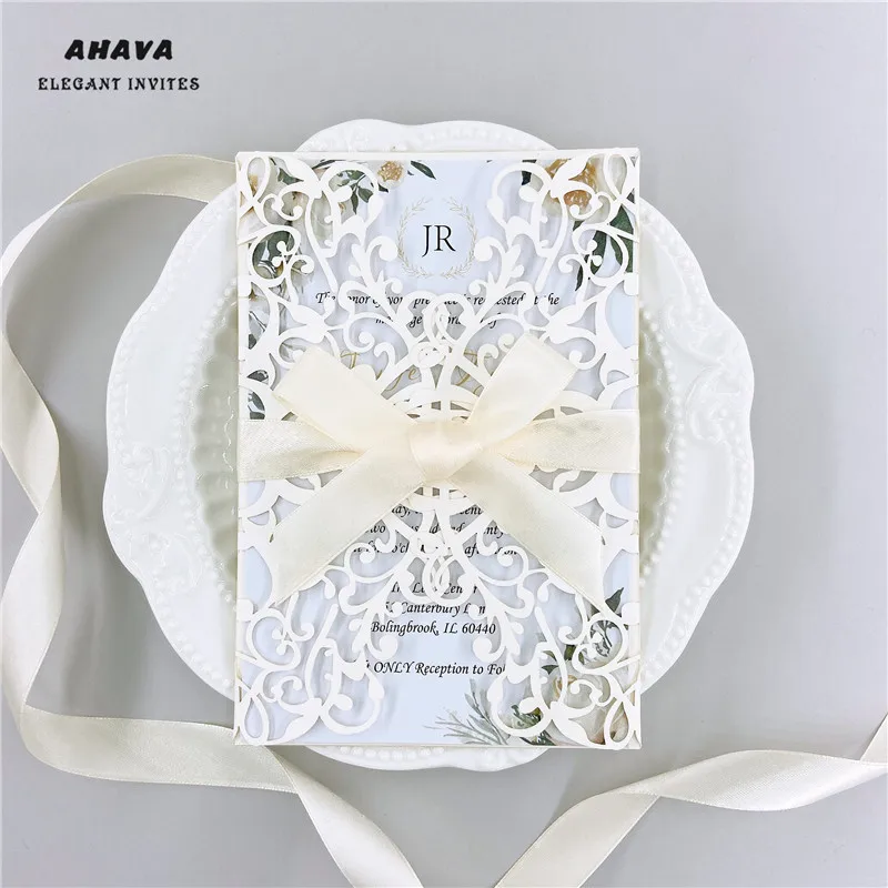 

50PCS Bowknot Ivory Invitations European Style Laser Cut Wedding Invitations Holiday Greeting Card Cover