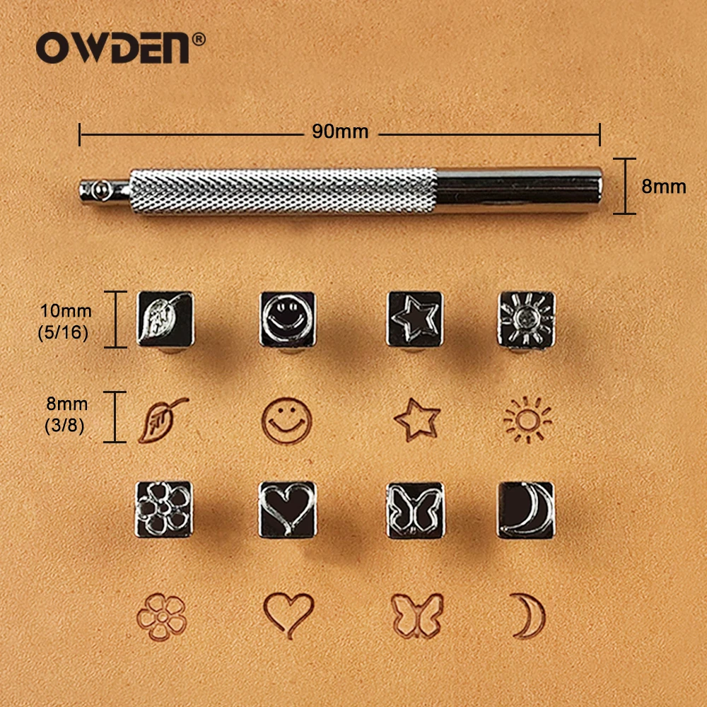 OWDEN 9Pcs Leather Pattern Stamping Tool Set Metal DIY Manual Art Printing Stamps