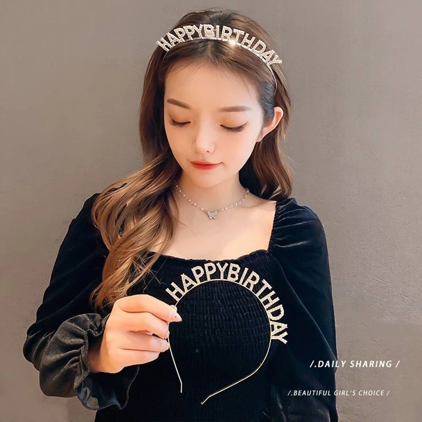 LEVAO Rose Gold Silver Headband Happy Birthday Hair Band Headwear Fashion Rhinestone Girls Women's Alloy Hoops ​Hair Accessories