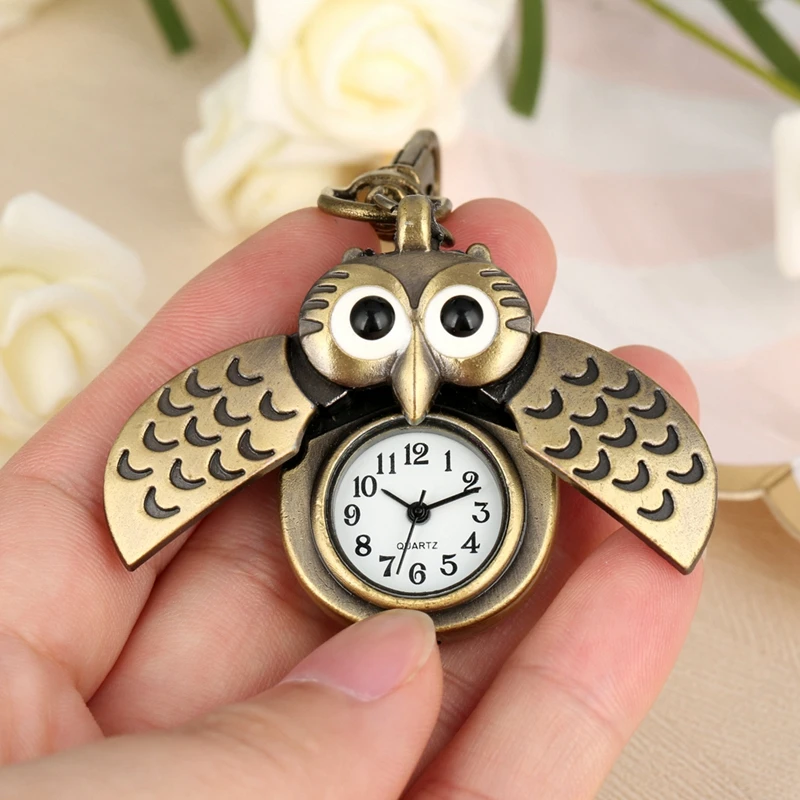 Cute Owl Keychain Pocket Watch, Bronze Fob Chain, Golden Key Chains, Flip Case, Hour Clock, Animais Relógios de bolso para homens, mulheres, Kid