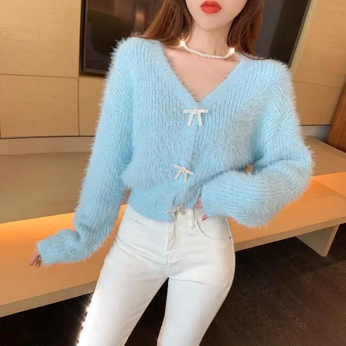 Luxury Glitter Rhinestone Bow Buttons Sweater Coat Mohair Knitted Cardigan Pearls Buckles V-Neck Mink Cashmere Knitwear Fur Tops