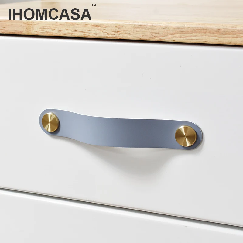 IHOMCASA – poignées de meubles en cuir gris, Style nordique, poignées de porte, placard de cuisine, armoire, commode, tiroirs, placard en laiton doré