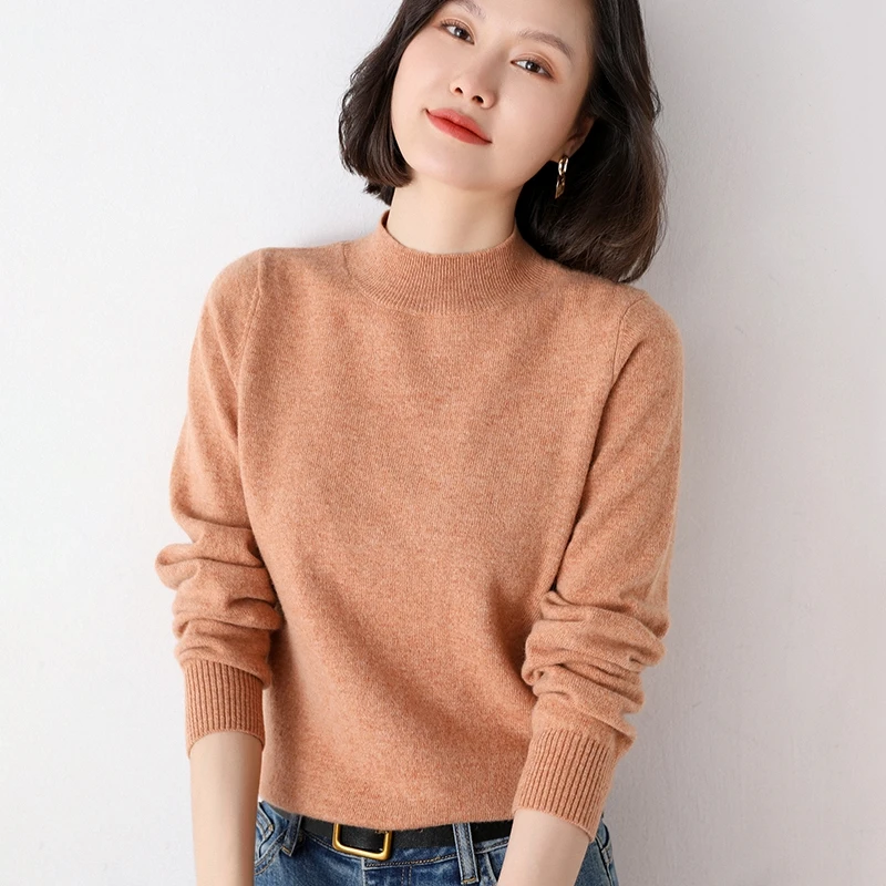 LHZSYY  Autumn and Winter Women\'s 100% Wool Half High Neck Pullover Solid Color Slim Cashmere Base Sweater