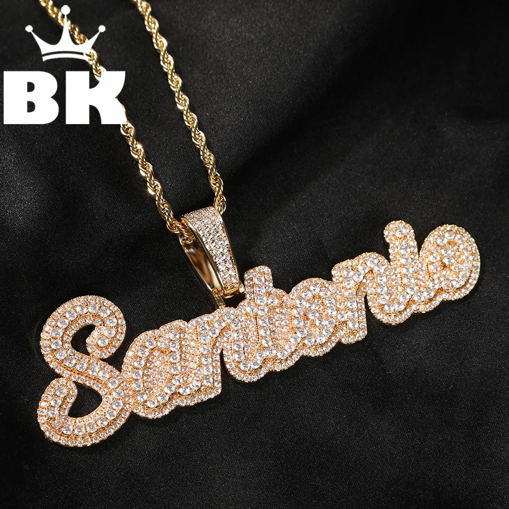 

The Hiphop Custom Name Cursive Brush Script Bubble Letter Iced Out Two Tone CZ Name Plate Pendant Tennis Chain Hiphop Jewelry