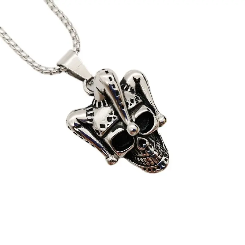 Vintage  316L stainless steel Joker skull pendant necklace mens hip hop clown skull charm necklace fashion jewelry cool